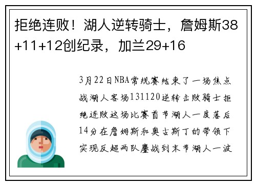 拒绝连败！湖人逆转骑士，詹姆斯38+11+12创纪录，加兰29+16