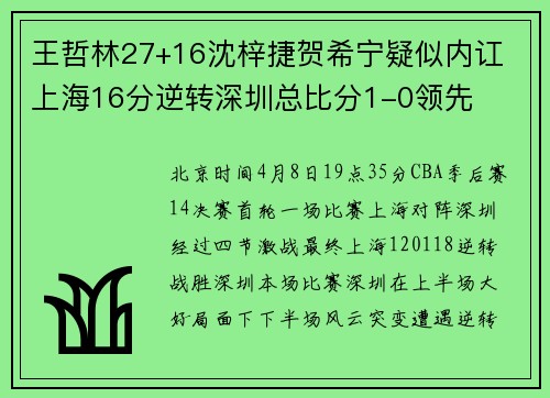 王哲林27+16沈梓捷贺希宁疑似内讧 上海16分逆转深圳总比分1-0领先